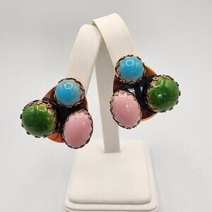 Matisse Renoir Copper Clip-On Earrings Colorful Ceramic Cabochons MCM Modernist